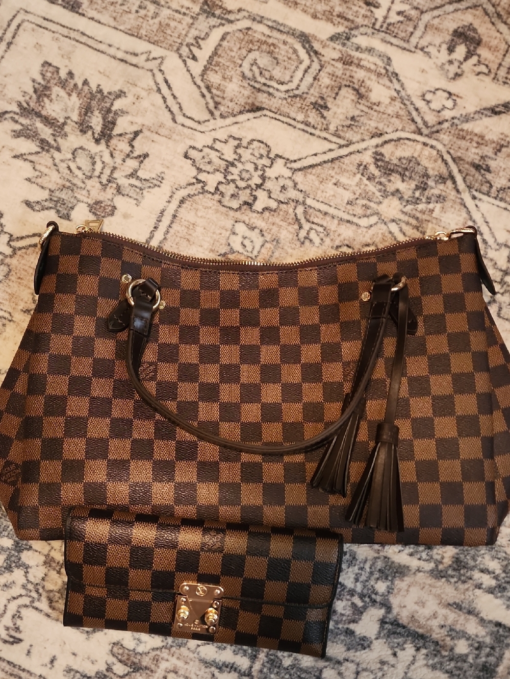 New Classic Brown Check Tote Bag with Matching Wallet